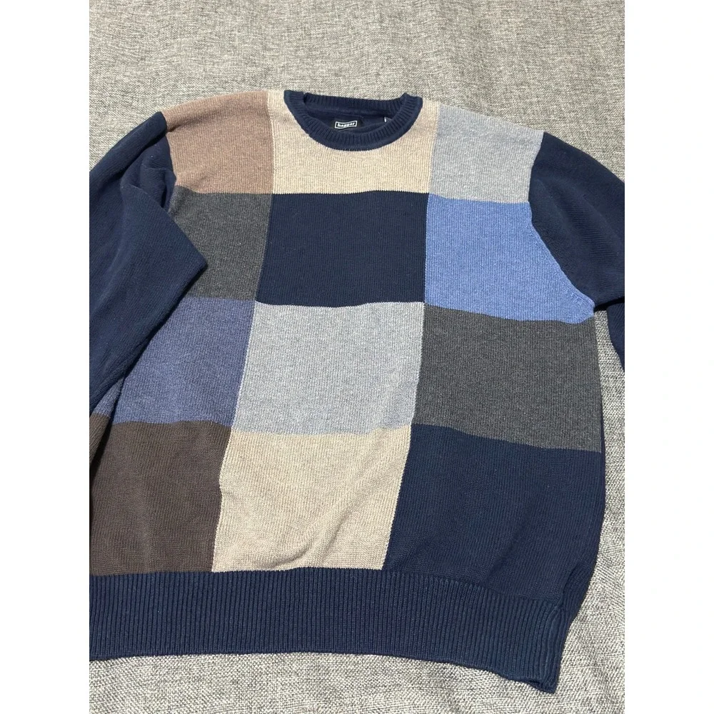 Haggar Mens Large Sweater Navy Blue Colorblock Patchwork Cotton Crew Neck